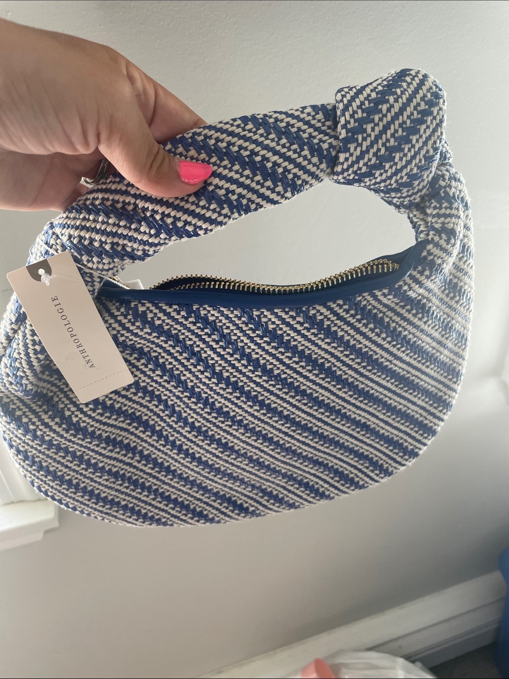 NWT Anthropologie Navy and White Woven Knotted-Handle Hobo